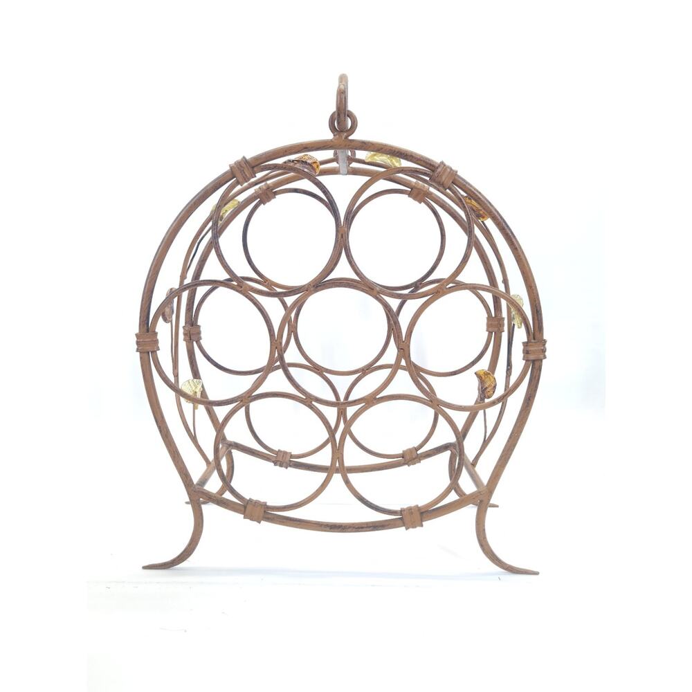 Vtg Wrought Iron Wine Rack Holder Amber Glass Barware Rustic Mediterranean 13.5"